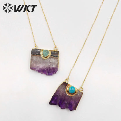 WT-N411 Natural Slice Raw Amethyst Necklace With Turquoise Elements, Uraguay Purple Amethyst Necklace With Gold Plated on Edged