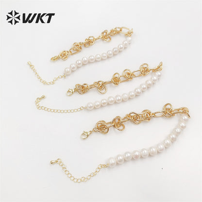WT-MPB075 Wholesale Fashion Newest Freshwater Pearl Mix Chain Design Bracelet Gorgeous Natural Pearl Beads Chain Women Bracelet