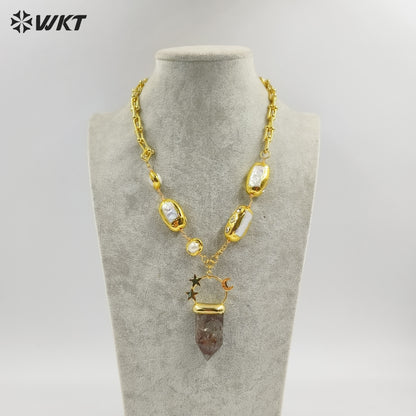 WT-JN255 Amazing WKT Unique Healing Energy Healing Quartz Stone With Real Pearl Beads Precious Pendant Necklace in 19 Inch Long