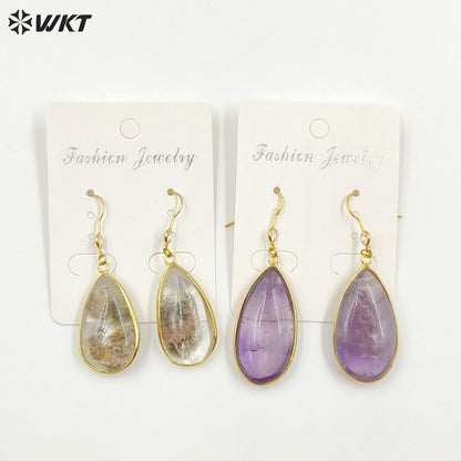 WT-E718 Classical Irregularity Healing Transparency Moss Agate Exquisite Gold Plated Needle Earrings Energy Healing Quartz Hoop