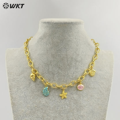 WT-JFN48 High Quality Yellow Brass Big Chain Gold Plated With Ocean Shells Charms Necklace For Ladies Summer Beach Theme Party
