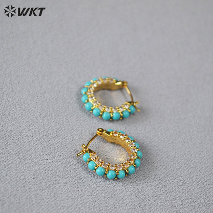 WT-E822 Exquisite Trendy Natural Turquoise And Cubic Zircon Gold Plated Round Earrings For Lady Party Decorative Jewelry