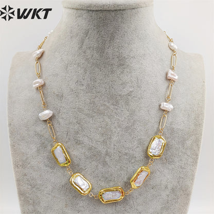 WT-JN210 Italian Designer New Style Gorgeous 18k Real Gold Plated Natural Freshwater Pearl Necklace in 16 Inch Long Birth Gift