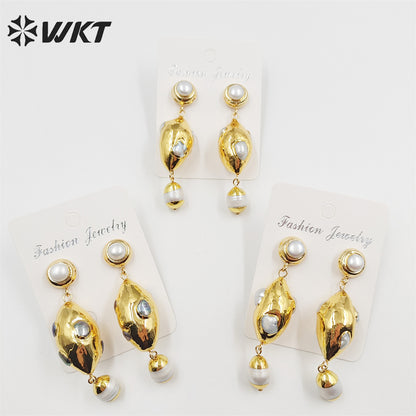 WT-MPE087 WKT New Design Oval Shape 18k Real Gold Plated Natural Pearl Earrings Lady Precious Long Dangle Handmade Wedding Studs