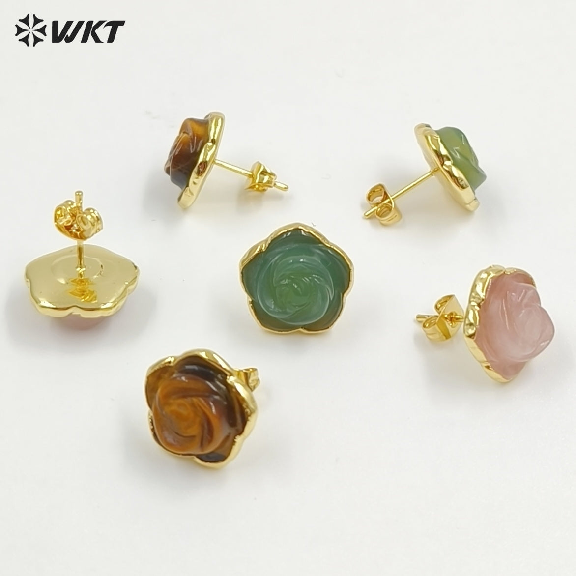 WT-E813 Exquisite Gold Plated Natural Gemstone Hand Carved Rose Flower Shape Little Earrings Studs For Lady Daily Jewelry