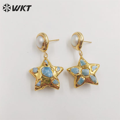 WKT-E674 Amazing Fashion Gold Plated Natural Blue Ocean jasper Stone Earrings Women Charming Dangle Star Pearl Earrings