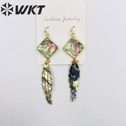 WT-E326 Wholesale 24K Gold Plated Square Abalone Shell Dangle Earring With Carved Abalone Shell Feather for Women
