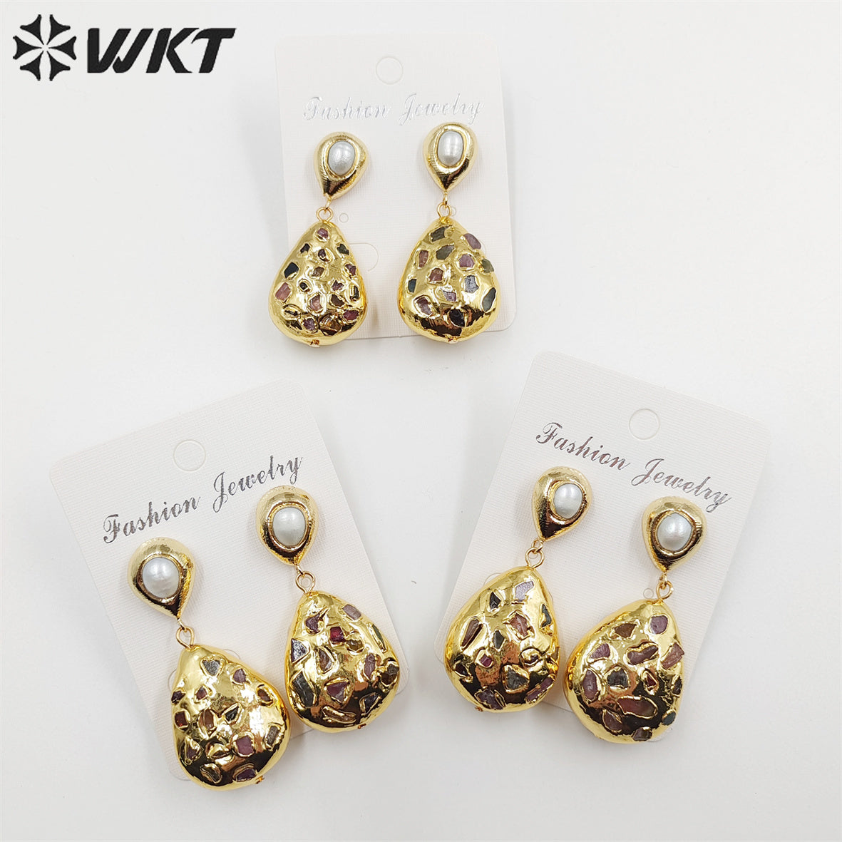 WT-MPE088 WKT NEW Design 18k Real Gold Plated Teardrop rubble Tourmaline Made Pearl Studs Earrings Gorgeous Charming Drop Studs