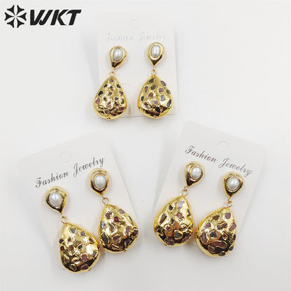 WT-MPE088 WKT NEW Design 18k Real Gold Plated Teardrop rubble Tourmaline Made Pearl Studs Earrings Gorgeous Charming Drop Studs
