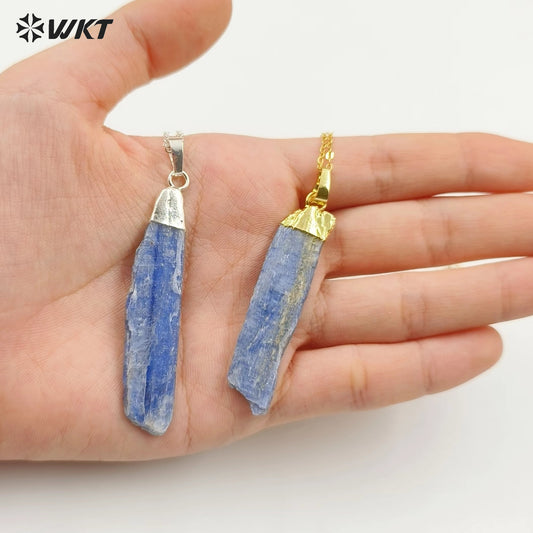 WT-N451 Wholesale Natural Raw Blue Kyanite Necklace Fashion Gemstone Charm Kyanite with 18k Gold Plated Pendant Necklace