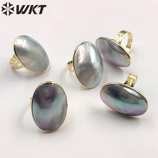 WT-MPR042 Wholesale Women Gorgeous Oval Black Mabe Ring 18k Real Gold Bezel Mother of Pearl Ring Natural Shell Ring