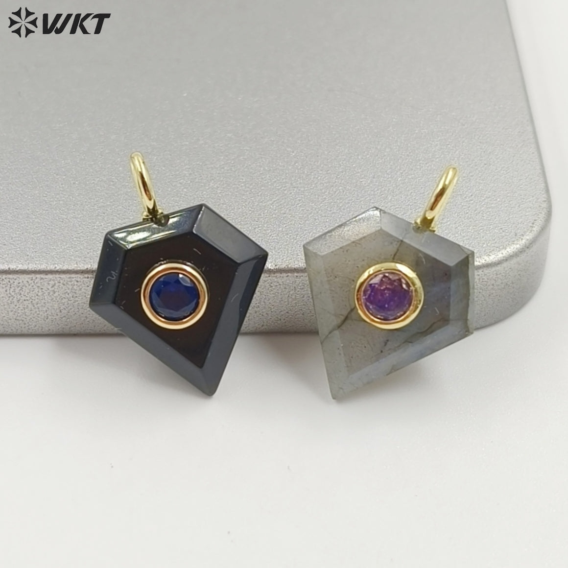 WT-P2052 New Arrival Zircon Gold Plated Rose Quartz Natural Gemstones Diamond Shape Charms Pendants For Handmade Gift Accessory