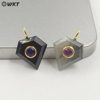 WT-P2052 New Arrival Zircon Gold Plated Rose Quartz Natural Gemstones Diamond Shape Charms Pendants For Handmade Gift Accessory