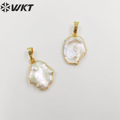 WT-P656 Wholesale Unique Natural Freeform White Freshwater Pearl Pendant Gold Edges Pendant DIY Jewelry Making