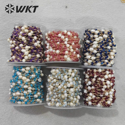 WT-RBC225 Wholesale New Arrival Exquisite Brass Chain Gold Plated Stone & Pearl Shell Shape Sell by Meter Handmade Metal Chain