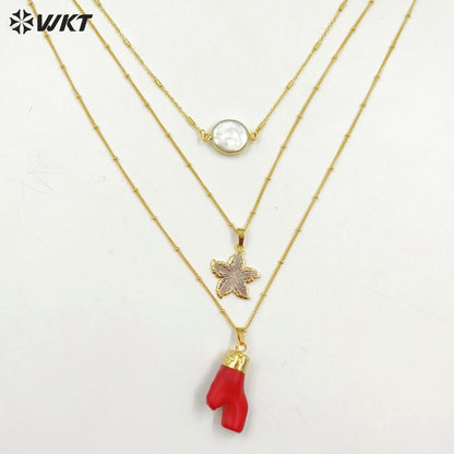 WT-N1325 Noble and Nice Jewelry with Freshwater Pearl Star Shape Shell Red Coral Pendants so Fashion Natural Stone Necklace