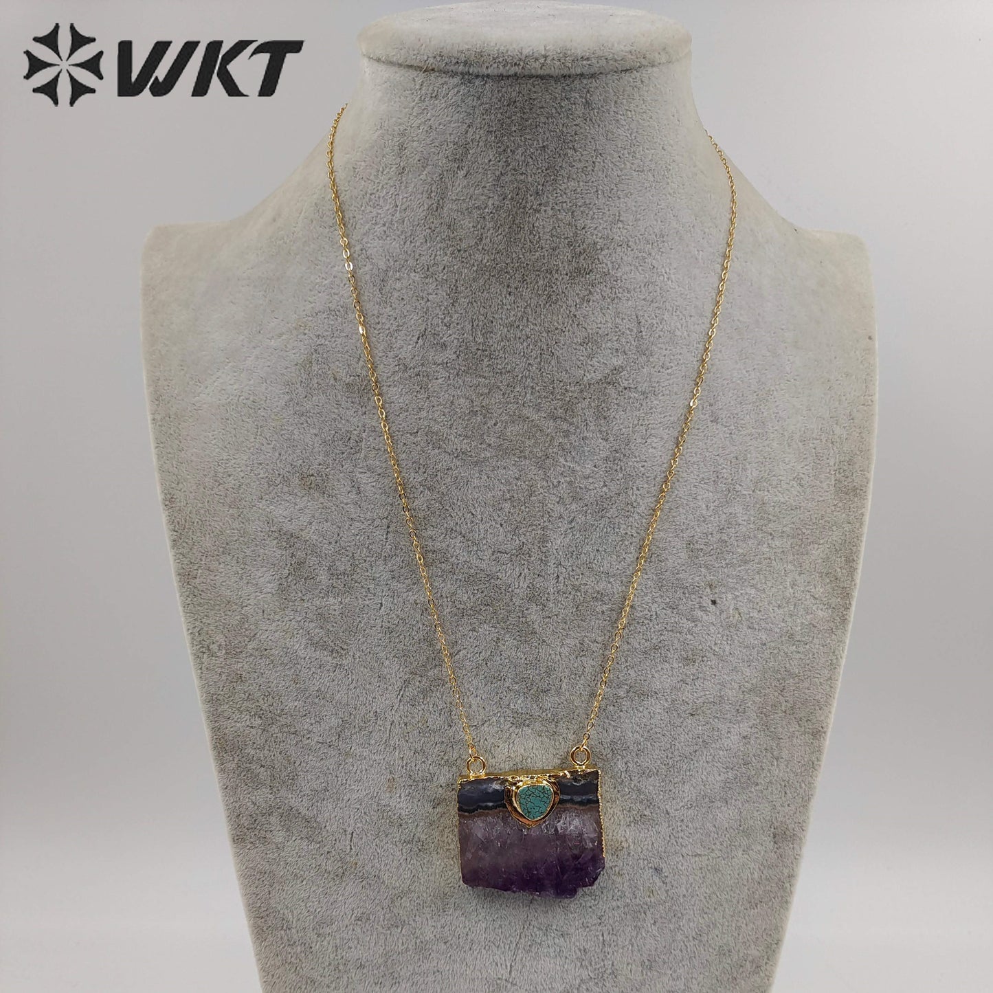 WT-N411 Natural Slice Raw Amethyst Necklace With Turquoise Elements, Uraguay Purple Amethyst Necklace With Gold Plated on Edged