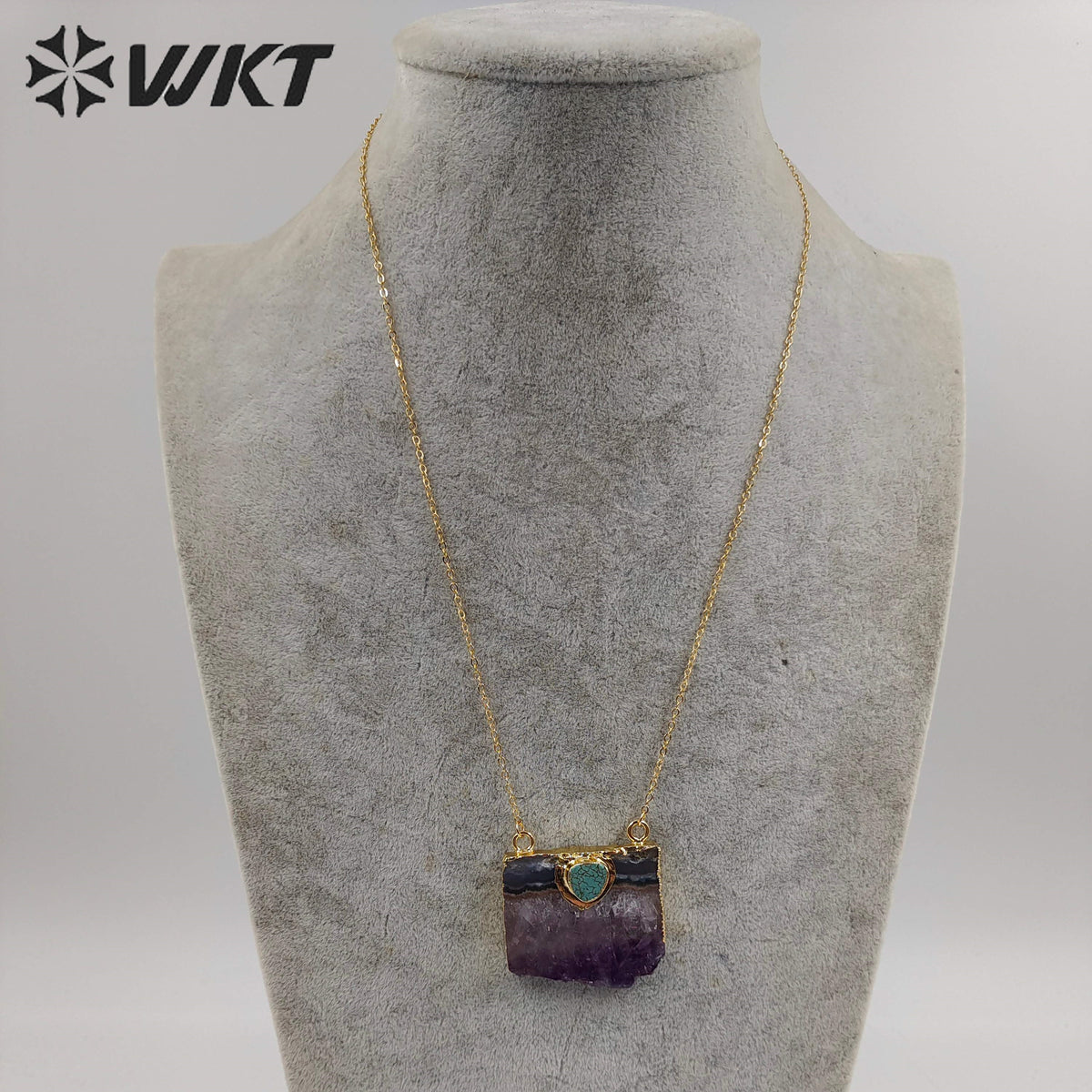 WT-N411 Natural Slice Raw Amethyst Necklace With Turquoise Elements, Uraguay Purple Amethyst Necklace With Gold Plated on Edged