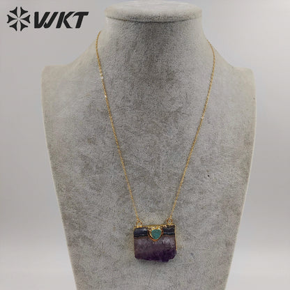 WT-N411 Natural Slice Raw Amethyst Necklace With Turquoise Elements, Uraguay Purple Amethyst Necklace With Gold Plated on Edged