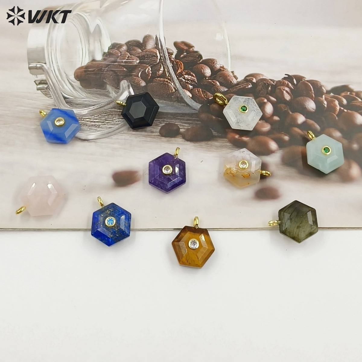 WT-P2060 Popular Trendy Round Zircon And Various Natural Gemstones Geometric Hexagon Pendants For Lady Necklace Handmade Jewelry
