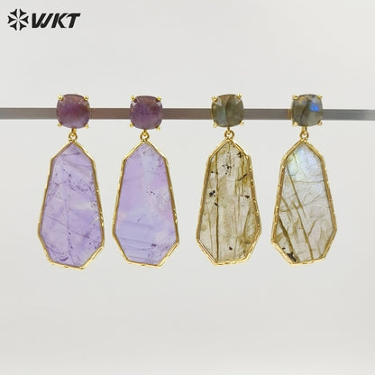WT-E826 Factory Wholesale Gold Plated Colorful Natural Gemstones Long Earrings For Female Party Wearing Jewelry Accessory