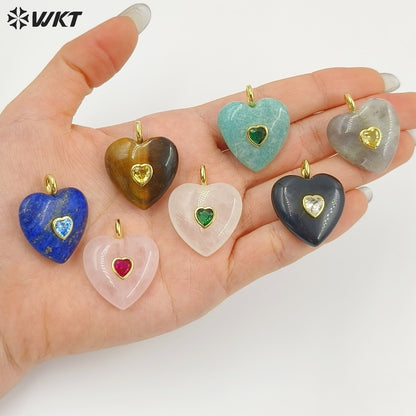 WT-P2059 Factory Wholesale Gold Zircon And Natural Gemstones Heart Shape Pendants As Girls Romantic Jewelry Decorations
