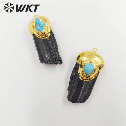 WT-P1859 Wholesale Fashion Gold Plated Natural Black Tourmaline Pendants Hot Energy Genuine Stone Pendant for Necklace