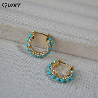 WT-E822 Exquisite Trendy Natural Turquoise And Cubic Zircon Gold Plated Round Earrings For Lady Party Decorative Jewelry