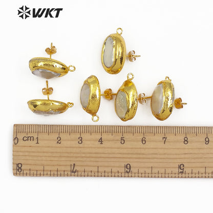 WT-JF303 Jewelry Findings for Women Making 10*12MM Jewelry Oval Shape Natural Freshwater Pearl With Gold Trim Stud Earring