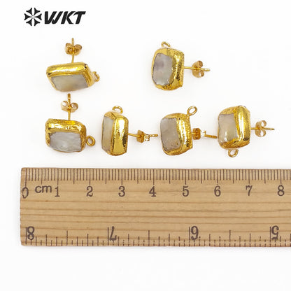 WT-JF302 Jewelry Findings for Women DIY Freshwater Pearl in Square Shape Gold Framed 10MM Natural Pearl Stud Earring