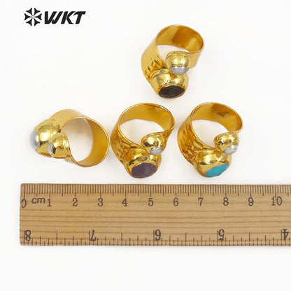 WT-R329 Fashion Design Women Adjustable Gold Jewelry Gemstone and Natural Freshwater Pearl Jade in Round Shape Ring