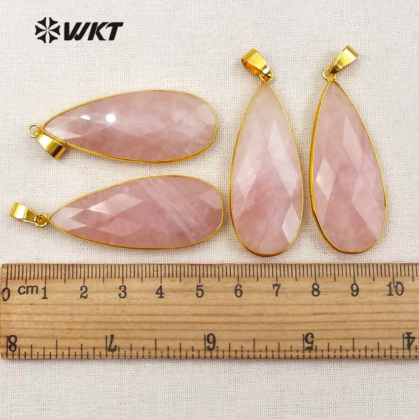 WT-P1348 Amazing Gold Bezel Faceted Natural Rose Quartz Teardrop Pendant, Women Hand Cabochon Faceted pink Teardrop Pendants