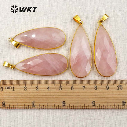 WT-P1348 Amazing Gold Bezel Faceted Natural Rose Quartz Teardrop Pendant, Women Hand Cabochon Faceted pink Teardrop Pendants