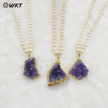 WT-JN259 Amazing Gorgeous Winter Rice Pearl With Big Natural Raw Druzy Amethyst Stone Necklace for Sweater