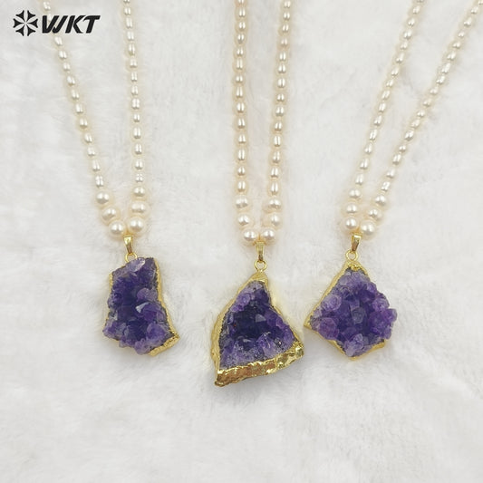 WT-JN259 Amazing Gorgeous Winter Rice Pearl With Big Natural Raw Druzy Amethyst Stone Necklace for Sweater