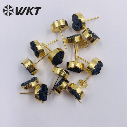 WT-E155 Wholesale Fashion 18k Real Gold Plated Natural Stone Studs Earrings Fashion Women Gold Trim Round Druzy Quartz Studs
