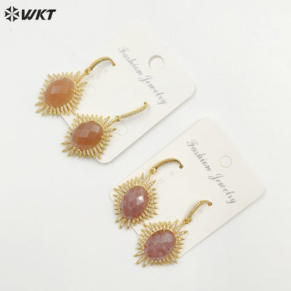 WT-ME094 Wholesale Newest Fashion Light Luxury Natural Gemstone Oval Shaped Micro Paved Earrings Studt