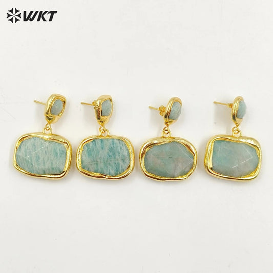 WT-E753 Amazing New Natural Square Fashion Handmade Gold Plated Amazonite Stone Earrings