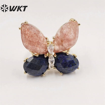 WT-R464 Amazing Natural Gemstone Carved Stone Ring Gorgeous Women Gold Plated Hand Carved Fashion Butterfly Ring
