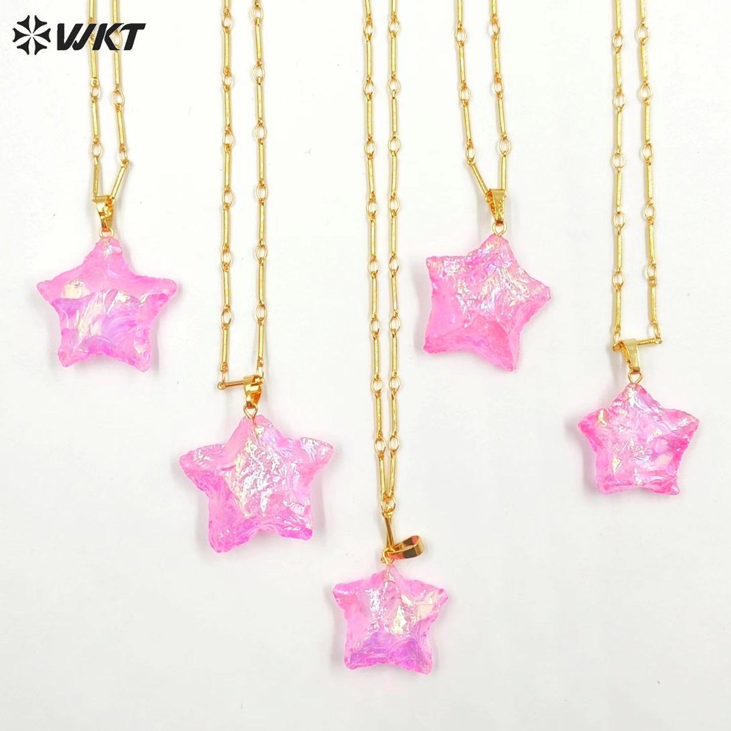 WT-N1346 WKT Best 2023 Newest Natural Pink Opal Necklace Star Shape Pendant Necklace Women Simple Hoop Aura Star Necklace