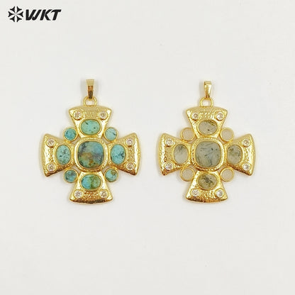 WT-MP318 Wholesale Amazing Gold Plated Zircon and Natural Labradorite Lapis Gemstones Cross Pendants For Luxury Jewelry Making