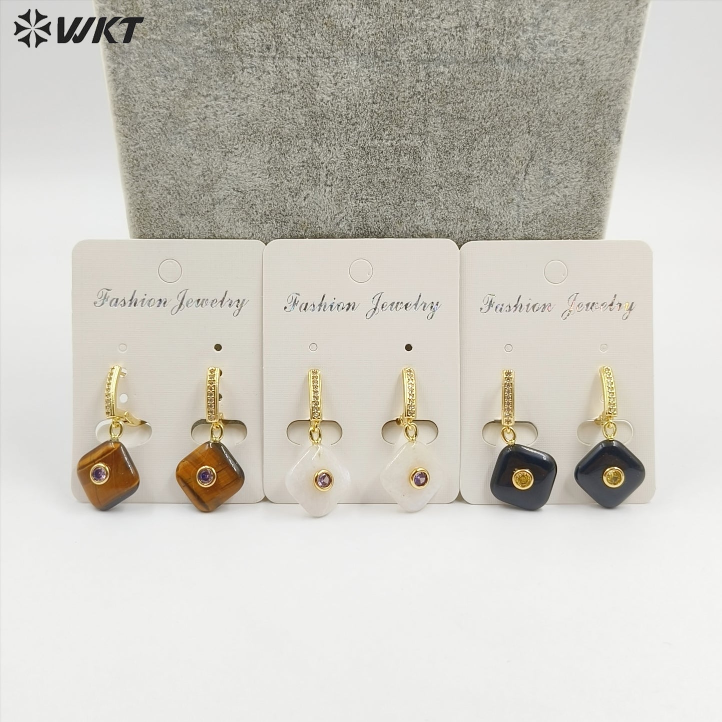WT-E797 Wholesale Unique Design Gold Plated Black Obsidian Multi Gemstones With Zircon Geometric Women Earrings As Party Gift