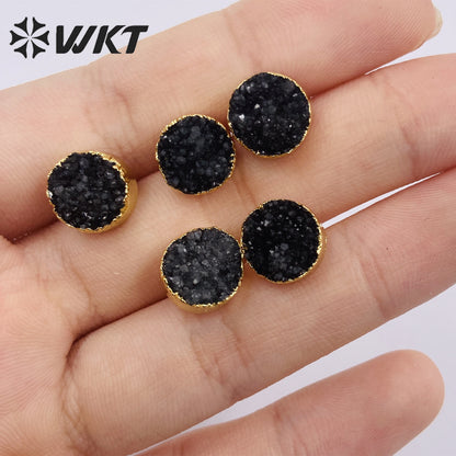WT-E155 Wholesale Fashion 18k Real Gold Plated Natural Stone Studs Earrings Fashion Women Gold Trim Round Druzy Quartz Studs