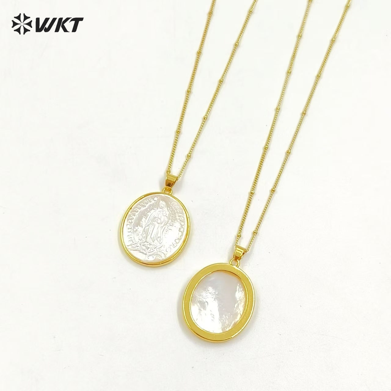 WT-JN022 Hot Sale Wholesale Religion Style Natural Shell Necklace Virgin Mary Pendant with Gold Color Plated Oval Shape Pendant