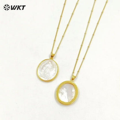 WT-JN022 Hot Sale Wholesale Religion Style Natural Shell Necklace Virgin Mary Pendant with Gold Color Plated Oval Shape Pendant