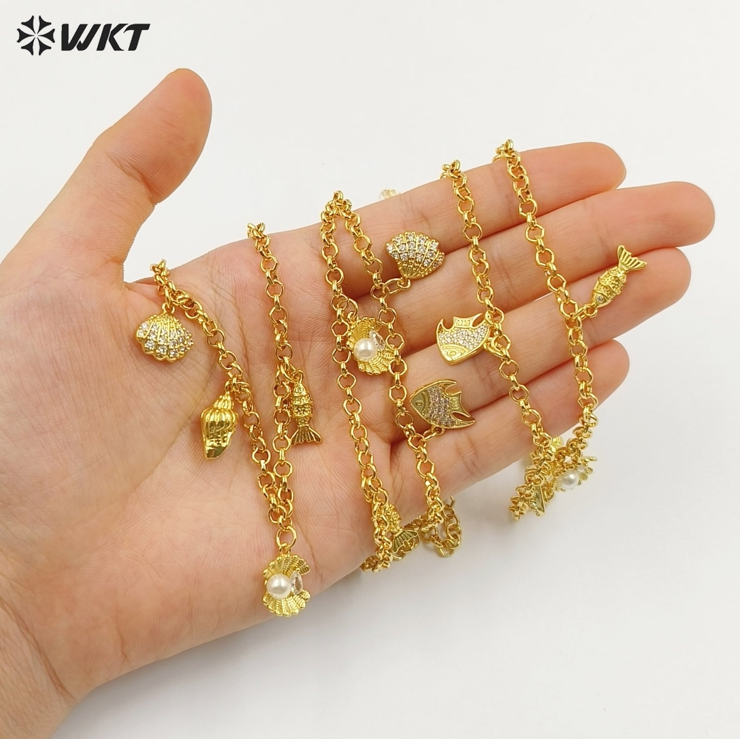 WT-JFN47 Newest Yellow Brass Fine Chain With Gold Plated Small Lovely Shell Charms Necklace For Elegant Ladies Jewelry Matching
