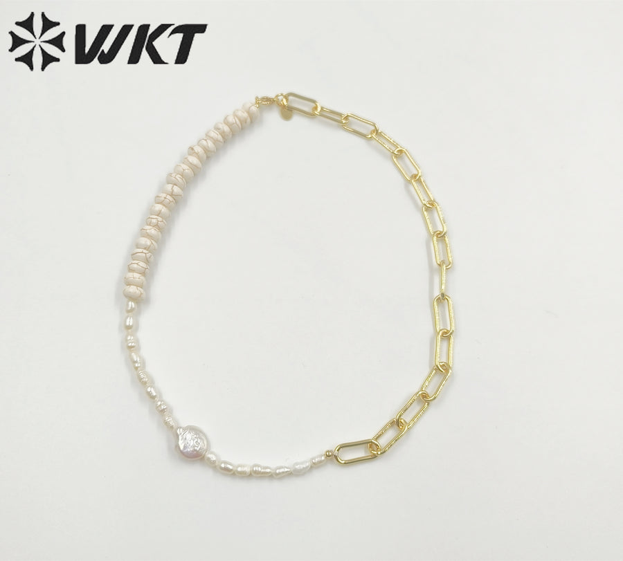 WT-JN243 Wholesale Vintage Trendy Turquoise and Pearl 18k Chain Gold Plated Elegant Exquisite High Quality Pendant Necklace