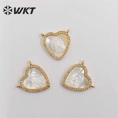 WT-JP328 Wholesale Small MOP Shell Carve Micropavd Lady Virgin Mary Gudalupe Charms Lovely Heart Religion Miraculous Pendant