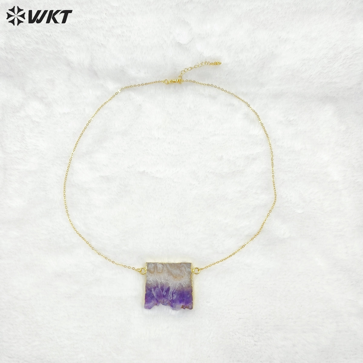 WT-N121 Amazing Unique Slice Natural Druzy Amethyst Stone Necklace With 18K Gold Plated on Trim Energy Gemstone Pendant