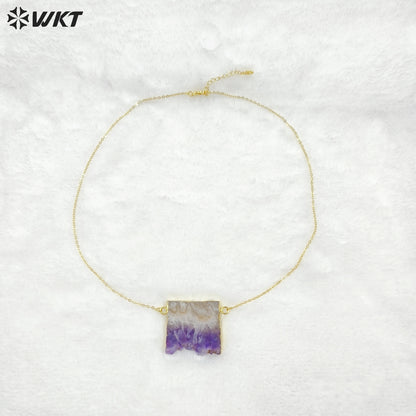 WT-N121 Amazing Unique Slice Natural Druzy Amethyst Stone Necklace With 18K Gold Plated on Trim Energy Gemstone Pendant
